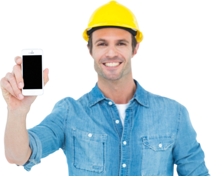 Happy carpenter showing smart phone