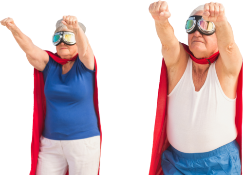 Senior man and woman pretending to flying