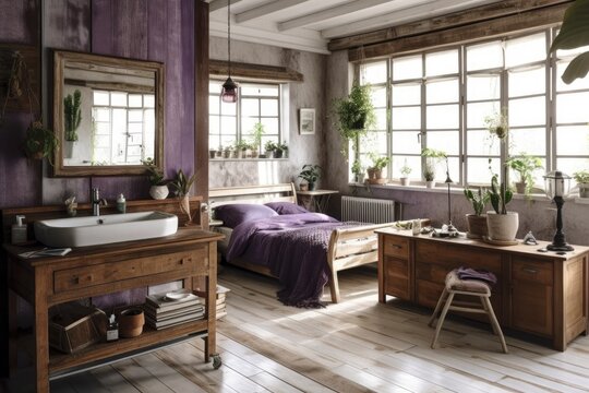 White and purple bohemian wooden bedroom and bathroom. Bed, bathtub, washbasins, potted plants. Shutters. Vintage farmhouse decor,. Generative AI