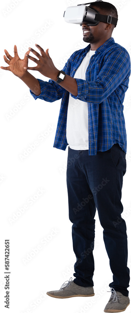 Poster man gesturing while using virtual reality headset
