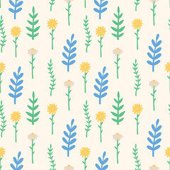 Fototapeta na wymiar Spring pattern cartoon daisy orchid flower. Spring seamless background for print, textile, wrapping paper, fabric. Flat surface design