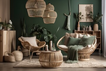 Minimalist living room with rattan armchair, tropical plant in basket, plaid, beige macrame on wall, and stylish accessories. Eucalyptus wall. Copies. Generative AI
