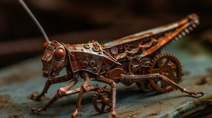 A close-up of a metallic grasshopper with intricate gears and springs, perched on a rusted metal cogwheel Generative AI