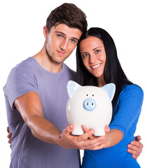 Young couple holding a piggy bank