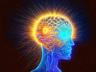 Obraz premium Concept of mindfulness and mental activity. Human face and elements with metaphorical relationship to mind, reason, thought, mental powers and mystic consciousness. Created with generative AI tools