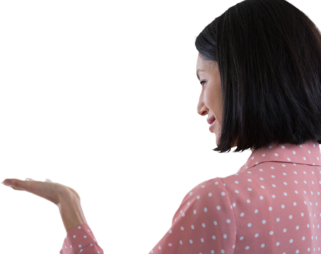 Woman pretending to hold an invisible object - Powered by Adobe