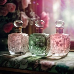 Obraz na płótnie Canvas Elegant Perfume Bottles with a Delicate Pink and Green Palette - Regenerative AI