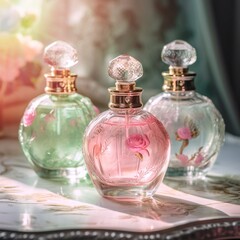 Obraz na płótnie Canvas Charming Trio of Perfume Bottles with a Pretty Floral Theme - Regenerative AI