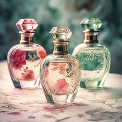 Obraz na płótnie Canvas Gorgeous Perfume Bottles Surrounded by Floral Beauty - Regenerative AI