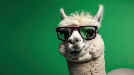 Human-like Grinning Alpaca Sunglasses Green Background - generative AI	