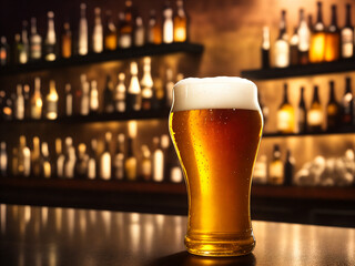 A glass with cold beer standing on a counter in a bar with bottles in the background, generative ai