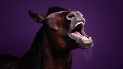 Extreme Smile Cute Horse Portrait Purple Background - generative AI	