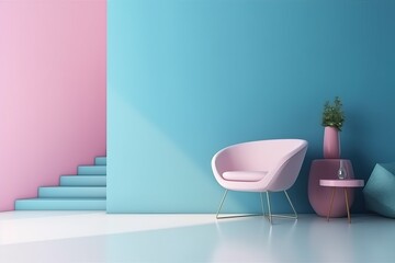 Fototapeta na wymiar Blue Wall Marble Floor Pink Modern Chair Mockup - generative AI 