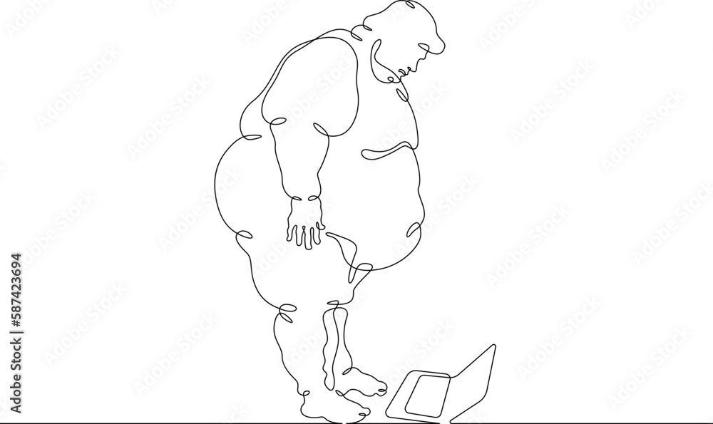 Poster one continuous line. fat man with a computer. male character is looking at laptop. obesity and unhea