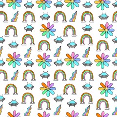 groovy spring seamless pattern with cartoon flowers, rainbows, decor elements. retro style. hand drawing. design for fabric, print, wrapper, textile