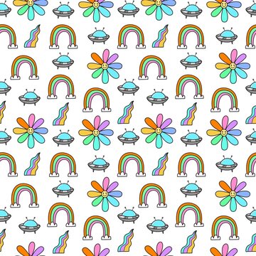 groovy spring seamless pattern with cartoon flowers, rainbows, decor elements. retro style. hand drawing. design for fabric, print, wrapper, textile