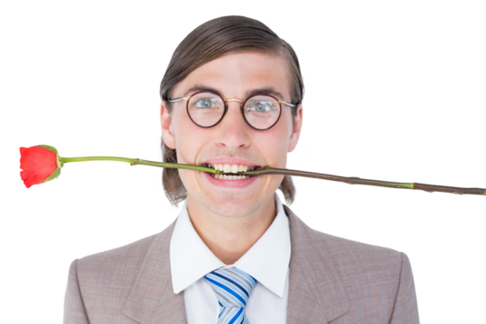 Geeky businessman offering bunch of roses