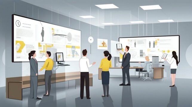 Depict teams of professionals working together using large interactive digital displays, virtual whiteboards, and immersive conferencing platforms.
Created using generative AI.