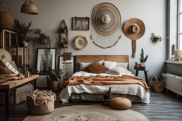 Contemporary scandi boho bedroom with colorful cushions, wicker hat, fruits, open book, macrame decorations, and dreamcatcher on wall panel. Cozy home atmosphere. Generative AI