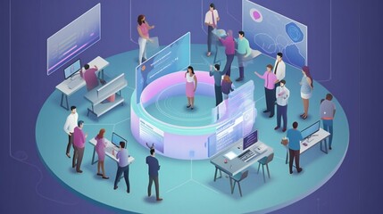 Depict teams of professionals working together using large interactive digital displays, virtual whiteboards, and immersive conferencing platforms.
Created using generative AI.
