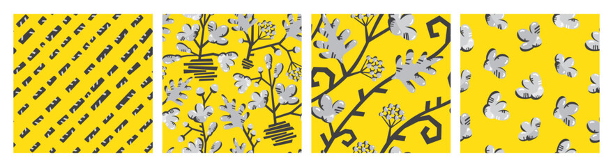 Set of vector seamless patterns of flowers and leaves. Seamless background for trendy fabrics, wallpapers, wrapping paper, packaging, linens, postcards in gray and yellow colors.