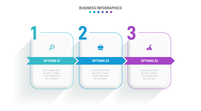 Timeline infographic with infochart. Modern presentation template with 3 spets for business process. Website template on white background for concept modern design. Horizontal layout.