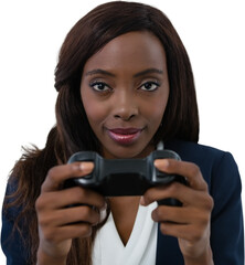Close-up portrait of businesswoman playing video game