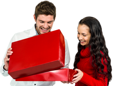 Smiling couple opening gift box