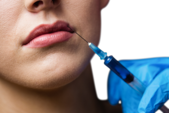 Woman receiving botox injection on her lips