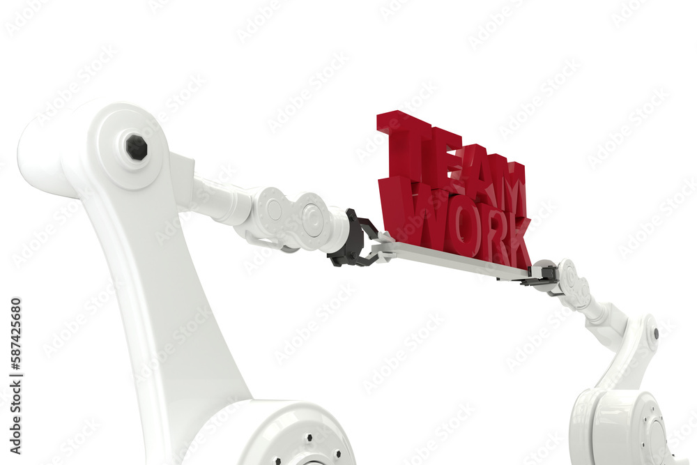 Poster computer graphic image of robotic hand holding team work text