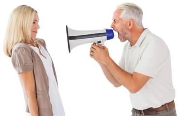 Angry man shouting at girlfriend through megaphone