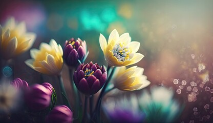 Naklejka na ściany i meble Photo colorful spring flowers background, blurred bokeh effect