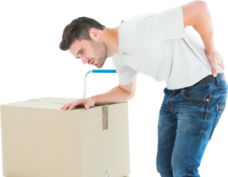 Delivery man with cardboard box suffering from backache