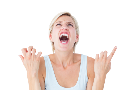 Upset woman screaming with hands up 