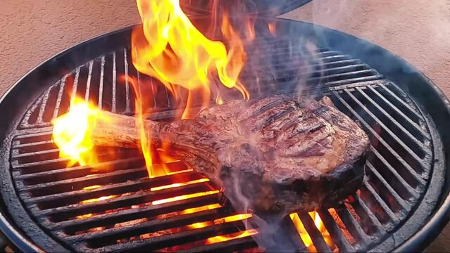 Barbecue dry aged wagyu tomahawk beef steak grilled as close-up on a charcoal grill with fire and smoke -video and audio 