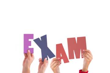 Cropped hands holding colorful word exam