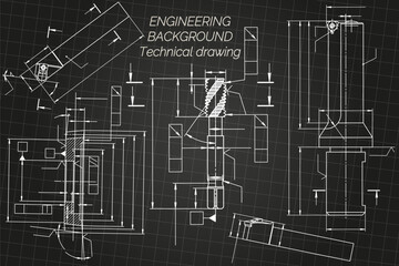Mechanical engineering drawings on black background. Tap tools, borer, cutting tools, milling cutter. Technical Design. Cover. Blueprint. Vector illustration.
