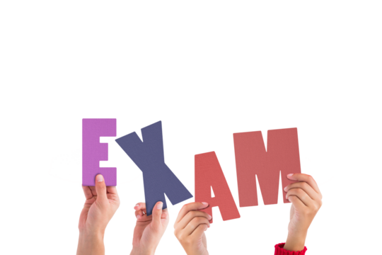 Cropped hands holding colorful word exam - Powered by Adobe