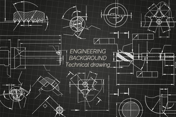 Mechanical engineering drawings on black background. Tap tools, borer, cutting tools, milling cutter. Technical Design. Cover. Blueprint. Vector illustration.