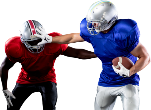 Two American football players in action
