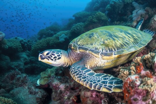 Green sea turtle taking a nap on a tropical reef's hard corals. Image of the ocean taken while scuba diving in Indonesia. Generative AI