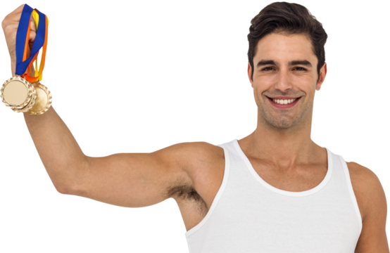 Athlete posing with gold medals on white background - Powered by Adobe