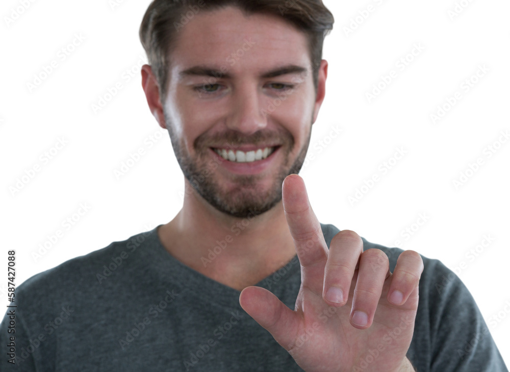 Poster man pretending to touch an invisible screen