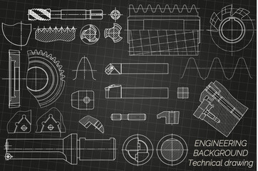 Mechanical engineering drawings on black background. Tap tools, borer, cutting tools, milling cutter. Technical Design. Cover. Blueprint. Vector illustration.