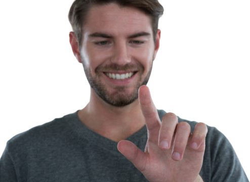 Man pretending to touch an invisible screen