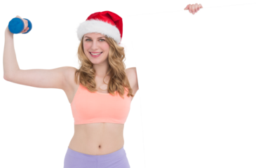Festive fit blonde smiling at camera holding poster