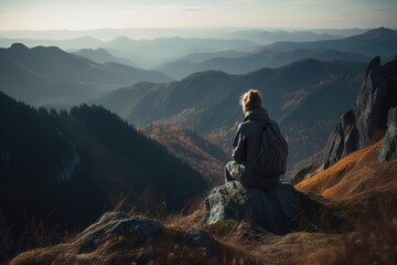 Fototapeta premium A traveler sits on a rock overlooking a valley
