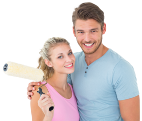 Young couple hugging and holding paint roller