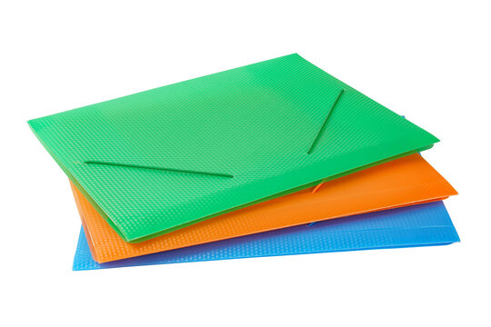 Three multi-colored folders for papers angle view. Isolated png with transparency