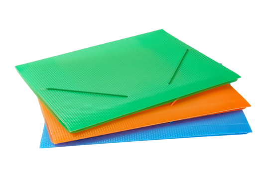 Three multi-colored folders for papers angle view. Isolated png with transparency